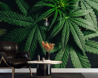 Marijuana Wallpaper, Leaves, marijuana hemp leaves, Black Green Wallpaper, Peel and Stick, Dark Wallpaper, self-adhesive, Textile wallpaper