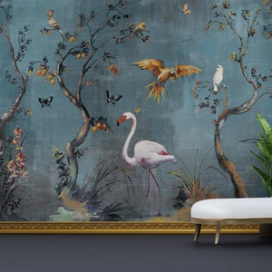 Chinoiserie Blumen- und Vogel-Tapete, abnehmbare Tapete, asiatische Wandkunst, Pfau mit Pfingstrosen-Blumen Wandbild
