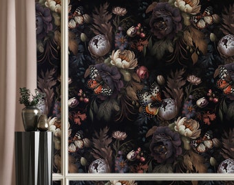 Dark Peony Floral Wallpaper: Butterfly Botanical Peel and Stick