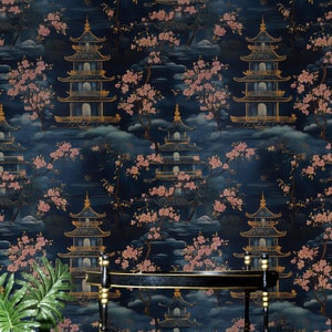 Japanese Wallpaper, Navy Blue Asian Landscape, Peel and Stick , Japanese Wallpaper,  Sakura Tree Wallpaper, Asian Accent Wall Art Wallpaper
