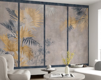 Chinese Wallpaper. yellow large leaves. Antique Wallpaper, non-woven wallpaper, peel and stick wallpaper, self-adhesive.