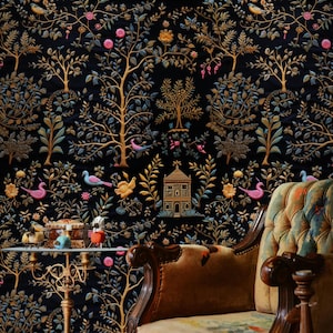 Dark India Wallpaper, Whimsy Gardens of Jaipur Mural, Dark Botanical Wallpaper, Peel And Stick, Canvas Wallpaper, Removable Wallpaper