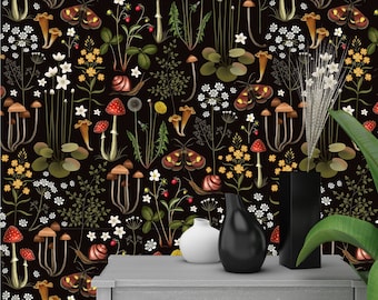 Vintage Mushroom Forest Wallpaper - Removable Peel and Stick