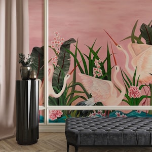 Rosa Reiher-Druck-Tapete, Chinoiserie-Tapete, japanische Tapete chinesische Kunst, selbstklebende Schale und Stick-Wanddekoration entfernbar