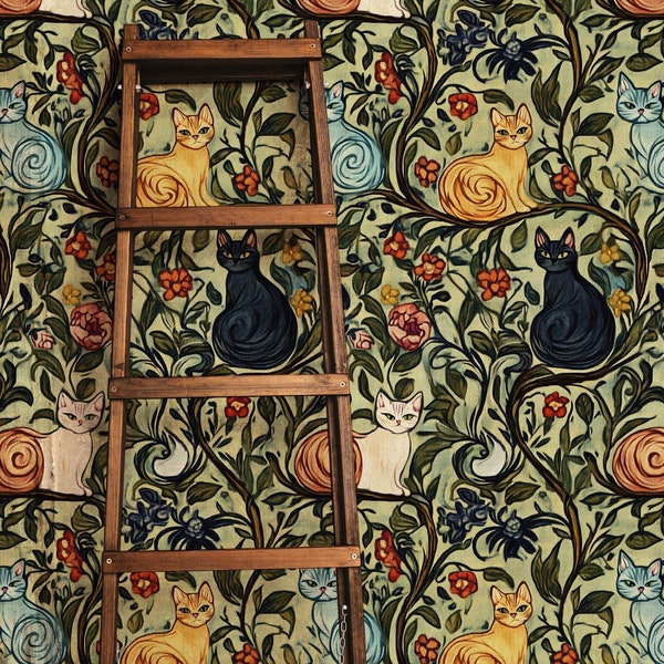 Vintage Cat & Flowers Wallpaper: Removable Peel and Stick Wall Decor
