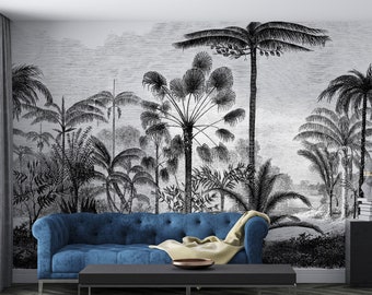 Tropical nostalgic black and white palm trees wallpaper / peel and stick wallpaper vinyl wallpaper wallpaper room