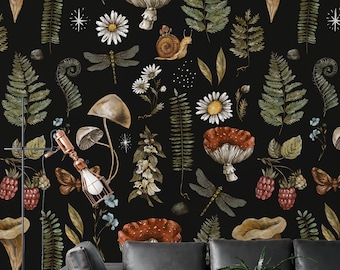 Vintage Mushroom Forest Wallpaper - Removable Peel and Stick