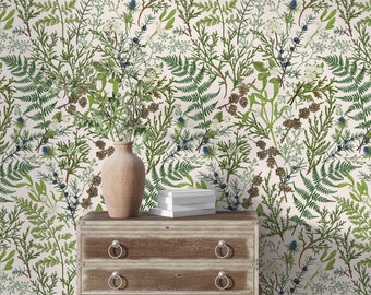 Fern Botanical Wallpaper, Green Euclayptus, Light Green Botanical Fern Wallpaper,  Boho Wallpaper, Peel and Stick Wallpaper, Textile Vinyl