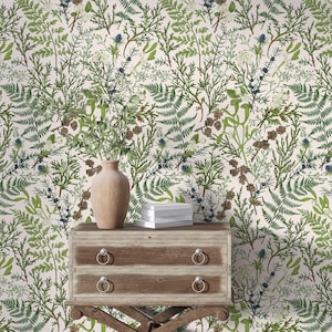 Carta da parati botanica di felce, Euclayptus verde, Carta da parati di felce botanica verde chiaro, Carta da parati Boho, Carta da parati staccabile e incollata, Vinile tessile