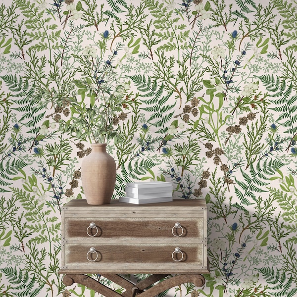 Fern Botanical Wallpaper, Green Euclayptus, Light Green Botanical Fern Wallpaper,  Boho Wallpaper, Peel and Stick Wallpaper, Textile Vinyl