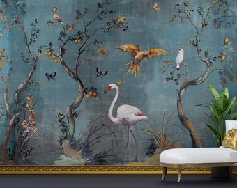 Chinoiserie Birds and Flowers Wallpaper: Asian Wall Mural, Removable Wallpaper