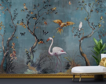 Chinoiserie Flowers and Birds Wallpaper, Removable Wallpaper, Asian Wall Art, Peacock with Peony Flowers Wall Mural