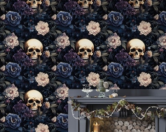 Dark Floral With Skull Wallpaper, Dark Floral Wallpaper, Gothic Wall Mural, Peony Floral Wallpaper, Peel and Stick , tekstil wallpaper.