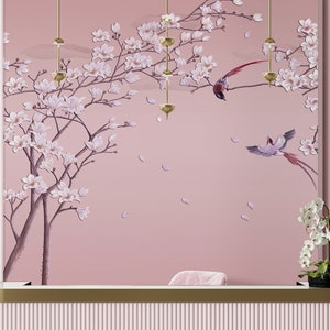 Carta da parati 3D, carta da parati cinese. Carta da parati antica con uccelli e fiori, carta da parati in tessuto-non-tessuto, carta da parati staccabile e adesiva.