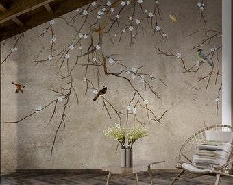 Chinese Wallpaper. Birds flower antique Wallpaper, non-woven wallpaper, peel and stick wallpaper, self-adhesive.