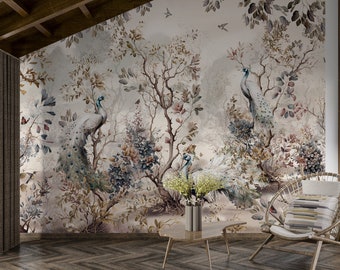 Peacock Wallpaper: Vintage Chinoiserie Watercolor, Peel and Stick