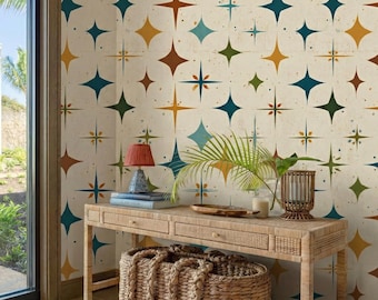 Mid Century Modern Geometric Wallpaper, Retro Starburst Seamless Pattern for Stylish Home Decor
