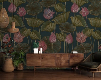 Vintage Dark Floral Peel and Stick Wallpaper, Botanical Wallpaper, Temporary Wallpaper, Dark Academia Decor, Textile Vinyl