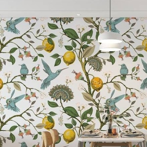 Botanical wallpaper. Scandinavian Wallpaper. lemons, flowers, peel and stick wallpaper vinyl wallpaper wallpaper room