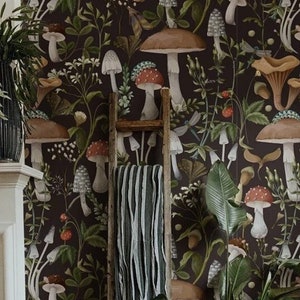 Mushroom Wallpaper, Peel Stick, Botanical Wallpaper, Mushroom, Dark Wallpaper, Dark Botanical Wallpaper, Dark Green Wallpaper,wallpaper room