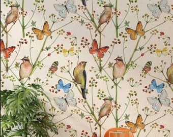 vintage with birds and butterflies, bird Wallpaper/peel and stick wallpaper vinyl wallpaper wallpaper room