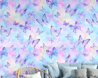 Purple Butterfly Wallpaper: Watercolor Background, Peel and Stick Vinyl