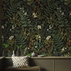 Varenbotanisch behang, botanisch, vintage donker, schil- en plakbehang vintage, botanisch behang, magisch bosbehang