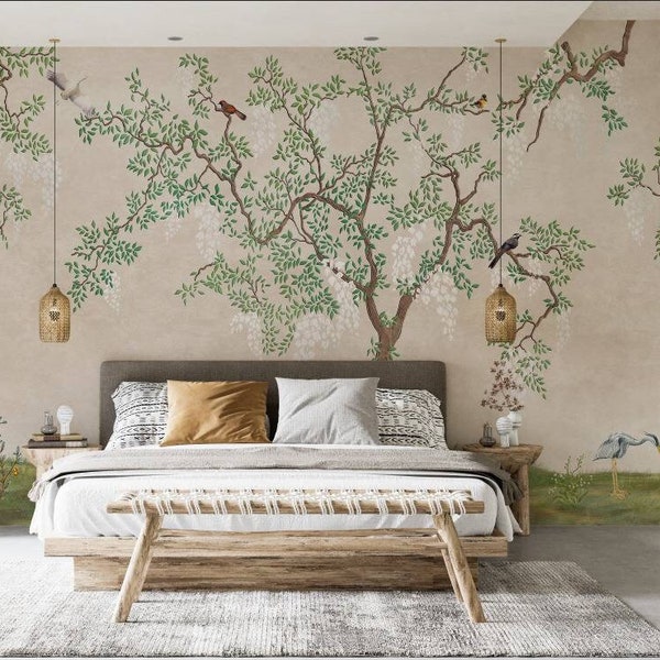 Primavera árbol pájaros hojas flor Chinoiserie papel pintado/corteza y palo papel pintado vinilo papel pintado habitación