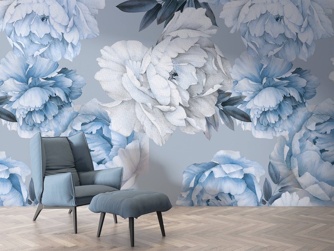 Blue Peony Flower Mural: Modern Peel and Stick Wallpaper - Etsy