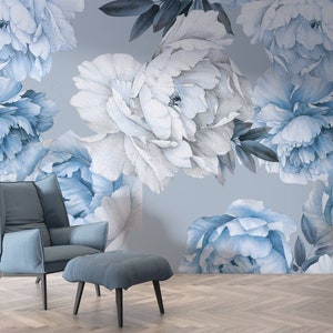 Blue and White Peony Flowers Peony Flower Murals Modern Background Wallpaper peel and stick wallpaper vinyl wallpaper wallpaper room