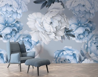 Blue and White Peony Flowers Peony Flower Murals Modern Background Wallpaper peel and stick wallpaper vinyl wallpaper wallpaper room