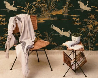 Green Crane Wallpaper: Japanese Style Peel and Stick Bird Mural