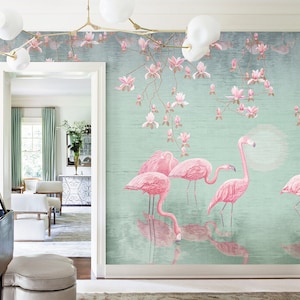 Chinoiserie wallpaper, Flowers and flamingo design Wallpaper, Removable Wallpaper, Japanese Wallpaper, peel and stick wallpaper