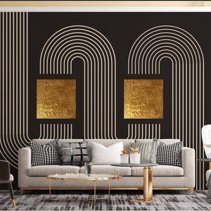 Gold geometric shapes, lines, circles, Modern wallpaper/ peel and stick wallpaper vinyl wallpaper wallpaper room