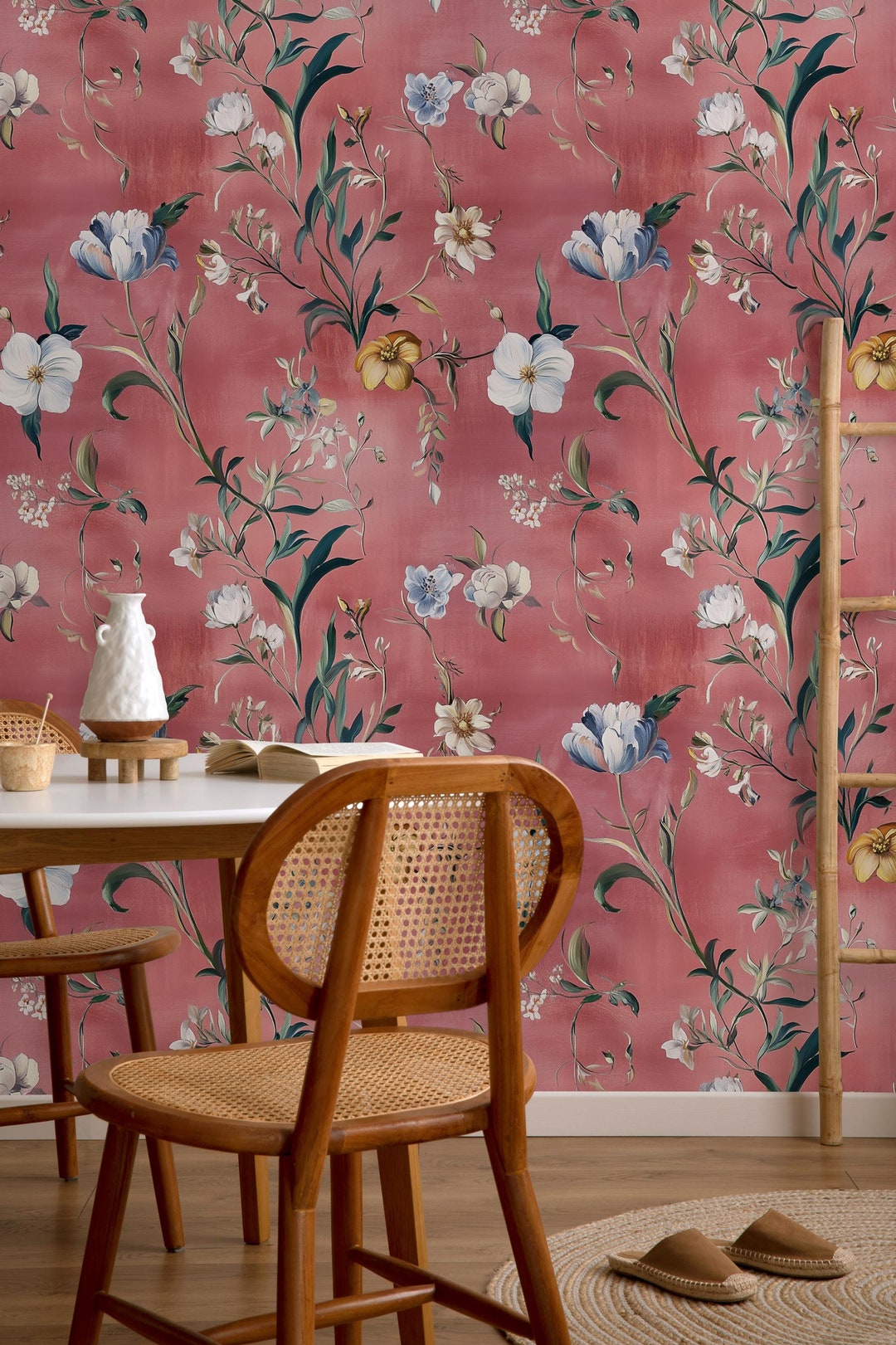 Pink Floral Peel and Stick Wallpaper: Vintage Prairie Style - Etsy