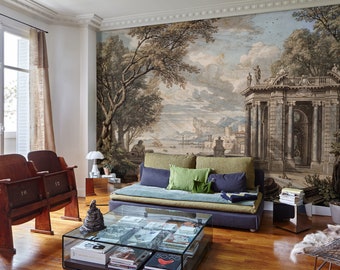 Vintage Landscape Mural: Rural Countryside Peel and Stick Wallpaper