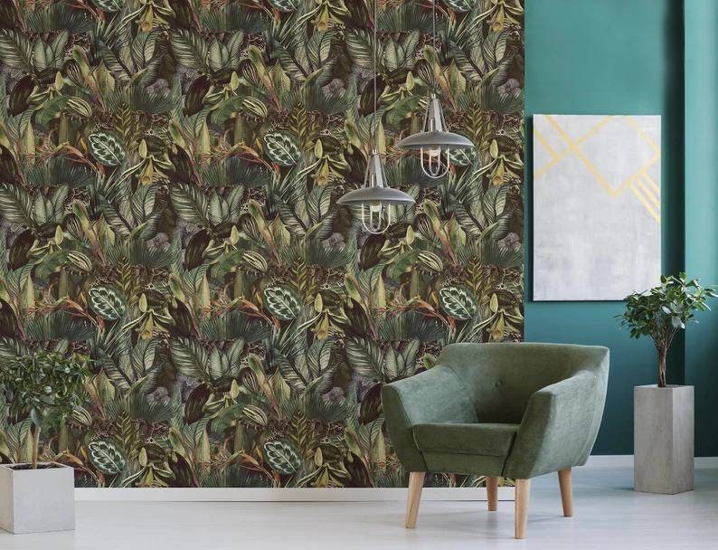 Dark Tropical Vintage Wallpaper With Exotic Leaves Jungle - Etsy