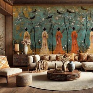 Carta da parati Chinoiserie, murale Chinoiserie, carta da parati artistica in stile asiatico orientale, stacca e attacca, carta da parati in vinile