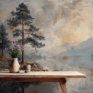 Vintage Landscape Peel and Stick Wallpaper | Rustic Mountain Lake Scene | Scenic Wall Mural | Removable Wallpaper | Canvas Wallpaper