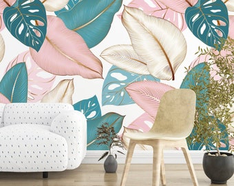 Leaf Abstract Pink Green and White Decoration Floral Wallpaper Gold Look/peel and paste wallpaper vinyl wallpaper wallpaper room