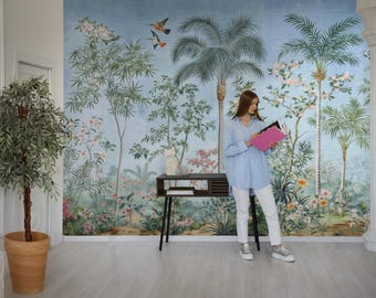 Tropical Palm Tree Wallpaper: Vintage Scenic Peel and Stick Mural