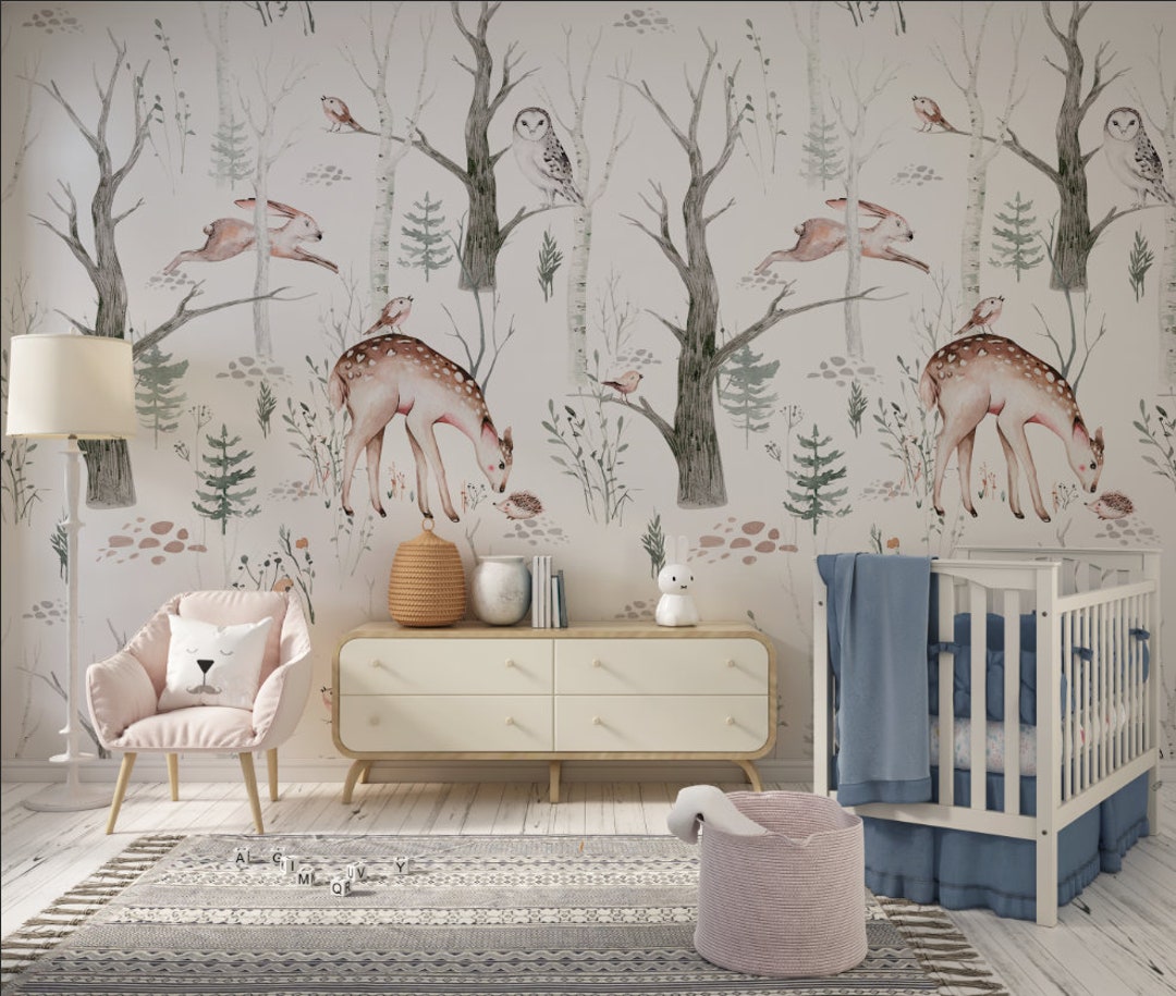 Kids Wallpaper Watercolor Woodland Animals Scandinavian - Etsy