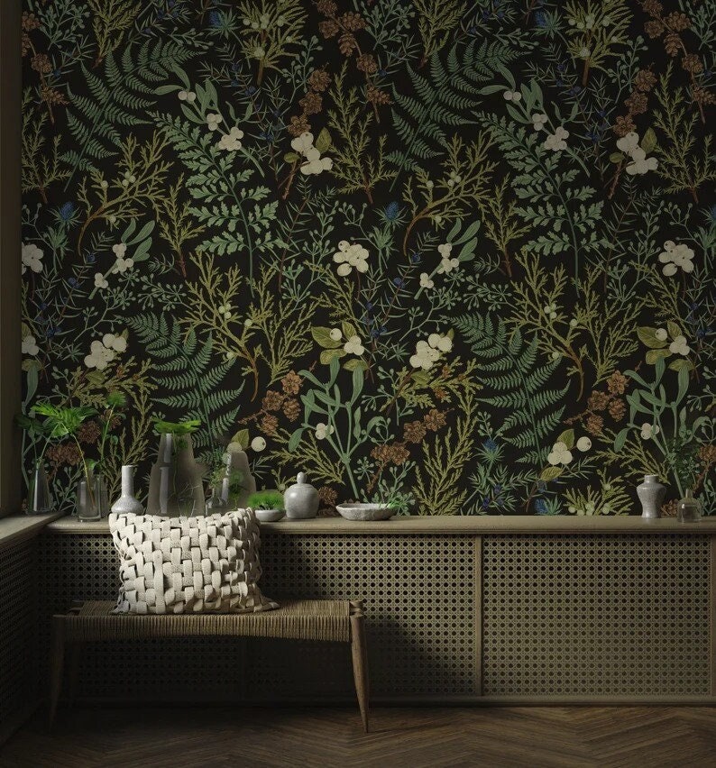 Fern Botanical Wallpaper, Botanical, Vintage Dark, Peel and Stick Wallpaper Vintage, Botanical Wallpaper, Magical Forest Wallpaper image 1