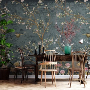 Vintage Chinoiserie Wallpaper with Birds floral ancient Wallpaper, non-woven wallpaper, peel and stick wallpaper