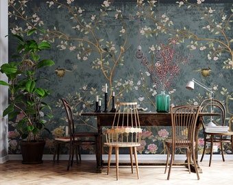 Vintage Chinoiserie Wallpaper with Birds floral ancient Wallpaper, non-woven wallpaper, peel and stick wallpaper