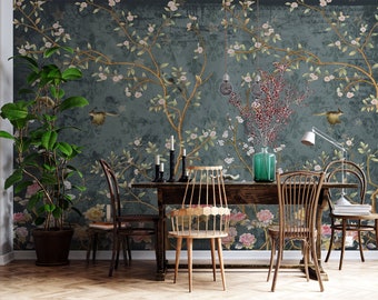 Vintage Chinoiserie Behang met Vogels bloemen oud Behang, vliesbehang, schil en plak behang