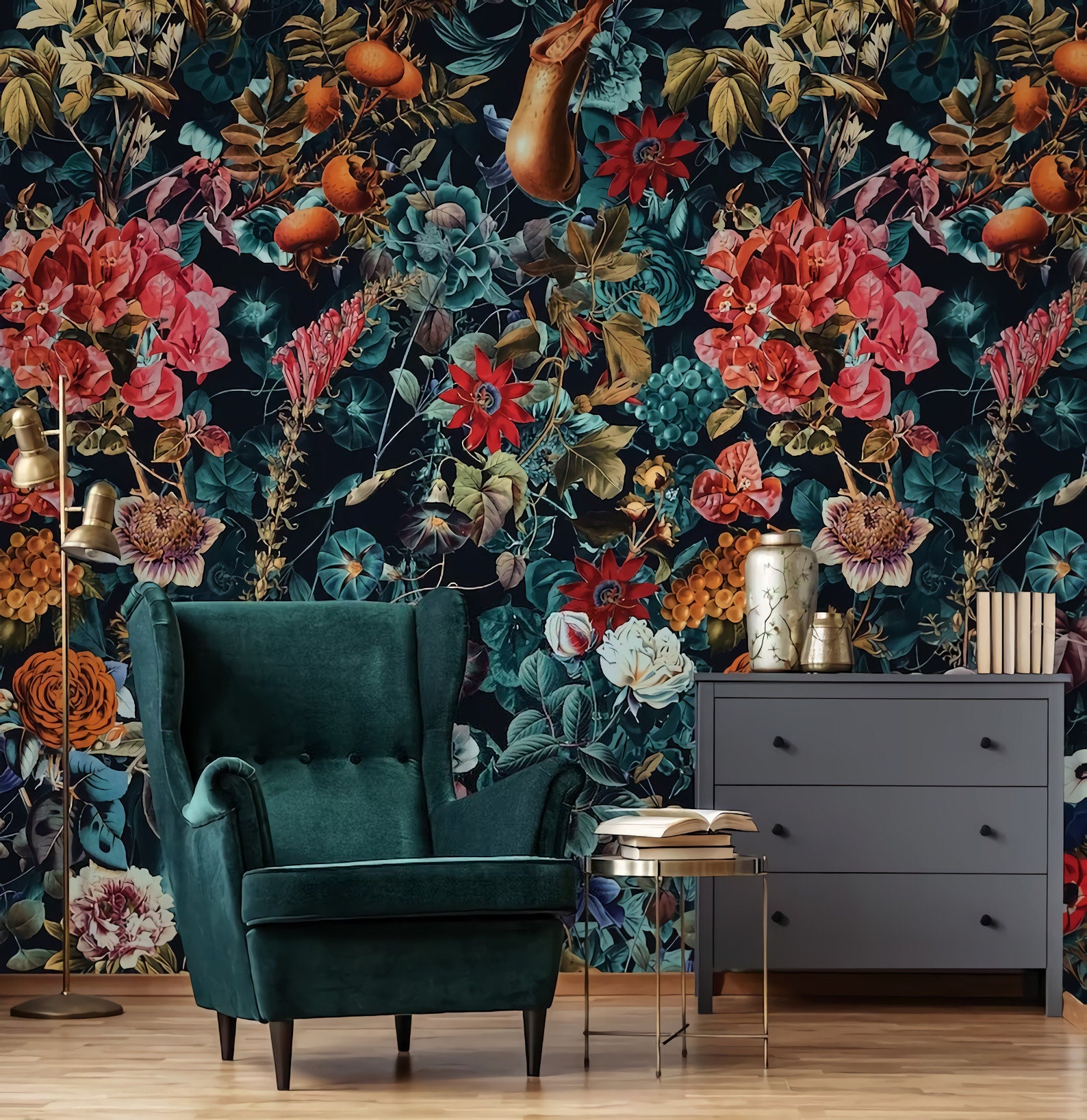 Dark garden wallpaper, peel and stick, Wall Decor /self adhesive,  wallpaper vinyl wallpaper wallpaper room