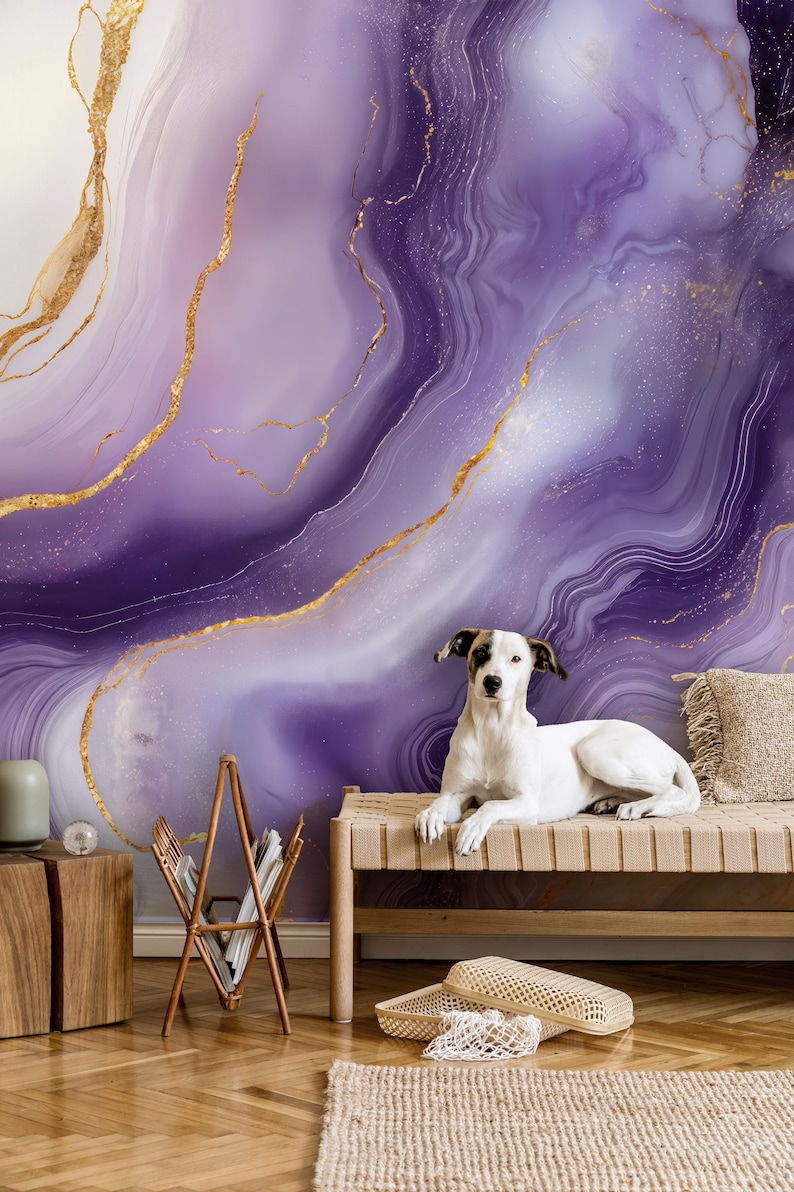 Purple Marble Wallpaper: Gold Watercolor Luxury Peel and Stick - Etsy