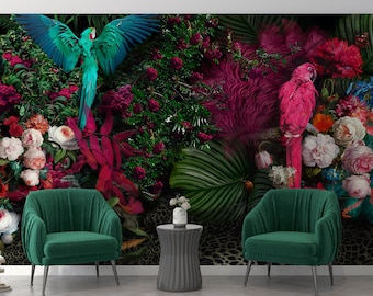 Wall Mural, Chinoiserie Flower, Exotic jungle pattern, Macaw bird - Wallpaper, wallpaper, peel and stick, self-adhesive wallpaper