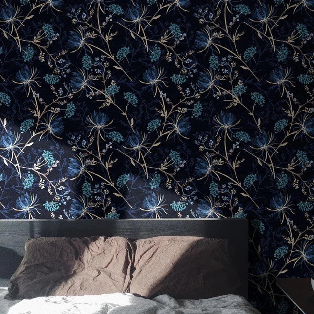 Navy Blue Floral Wallpaper: Dark Botanical Peel and Stick - Etsy